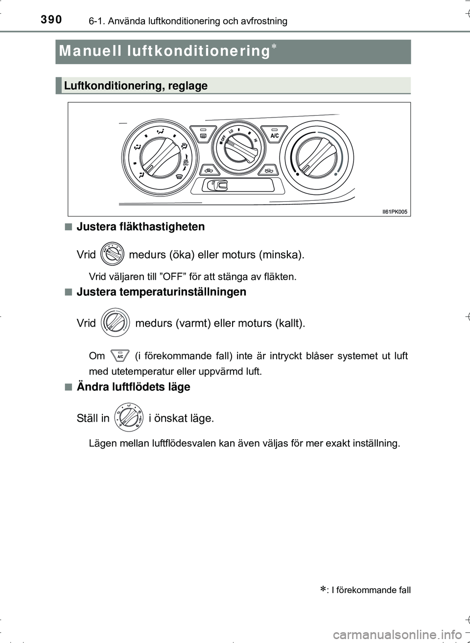 TOYOTA HILUX 2016 Bruksanvisningar (in Swedish) 3906-1. Använda luftkonditionering och avfrostning
OM0K269SE
Manuell luftkonditionering
nJustera fläkthastigheten
Vrid medurs (öka) eller moturs (minska).
Vrid väljaren till ”OFF” för at TOYOTA HILUX 2016 Bruksanvisningar (in Swedish) 3906-1. Använda luftkonditionering och avfrostning
OM0K269SE
Manuell luftkonditionering
nJustera fläkthastigheten
Vrid medurs (öka) eller moturs (minska).
Vrid väljaren till ”OFF” för at