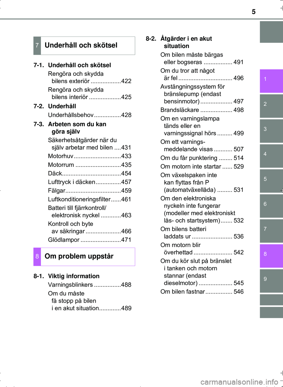 TOYOTA HILUX 2016  Bruksanvisningar (in Swedish) 5
1
9 8 6 5
4
3
2
OM0K269SE
7
7-1. Underhåll och skötselRengöra och skydda bilens exteriör ..................422
Rengöra och skydda  bilens interiör ...................425
7-2. Underhåll Underh