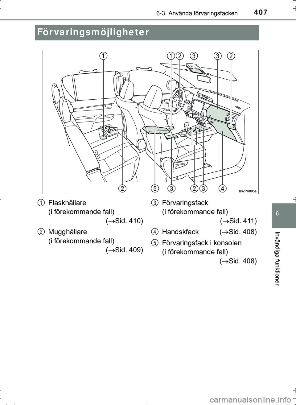 TOYOTA HILUX 2016 Bruksanvisningar (in Swedish) 4076-3. Använda förvaringsfacken
OM0K269SE
6
Invändiga funktioner
För varingsmöjligheter
Flaskhållare
(i förekommande fall)( Sid. 410)
Mugghållare
(i förekommande fall) ( Sid. 409) F TOYOTA HILUX 2016 Bruksanvisningar (in Swedish) 4076-3. Använda förvaringsfacken
OM0K269SE
6
Invändiga funktioner
För varingsmöjligheter
Flaskhållare
(i förekommande fall)( Sid. 410)
Mugghållare
(i förekommande fall) ( Sid. 409) F