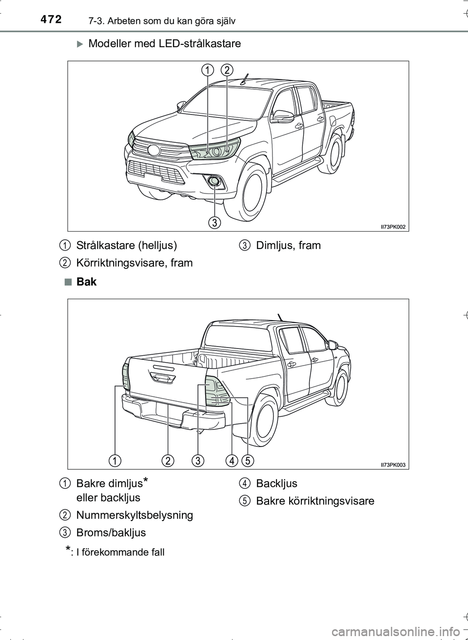 TOYOTA HILUX 2016  Bruksanvisningar (in Swedish) 4727-3. Arbeten som du kan göra själv
OM0K269SE
Modeller med LED-strålkastare
nBak
*: I förekommande fall
Strålkastare (helljus)
Körriktningsvisare, framDimljus, fram1
2
3
Bakre dimljus* 
ell