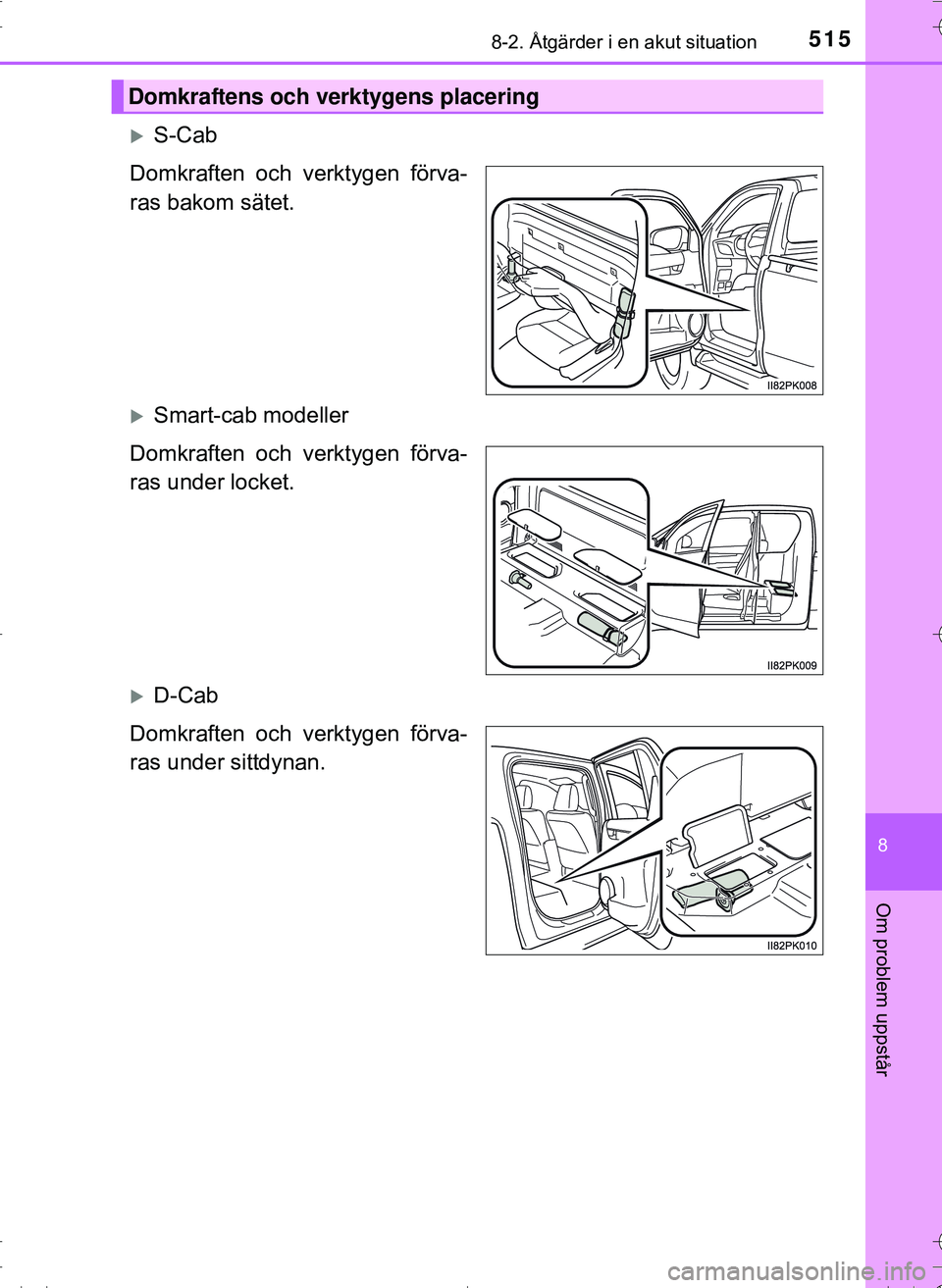 TOYOTA HILUX 2016 Bruksanvisningar (in Swedish) 5158-2. Åtgärder i en akut situation
OM0K269SE
8
Om problem uppstår
S-Cab
Domkraften och verktygen förva-
ras bakom sätet.
Smart-cab modeller
Domkraften och verktygen förva-
ras under lock TOYOTA HILUX 2016 Bruksanvisningar (in Swedish) 5158-2. Åtgärder i en akut situation
OM0K269SE
8
Om problem uppstår
S-Cab
Domkraften och verktygen förva-
ras bakom sätet.
Smart-cab modeller
Domkraften och verktygen förva-
ras under lock