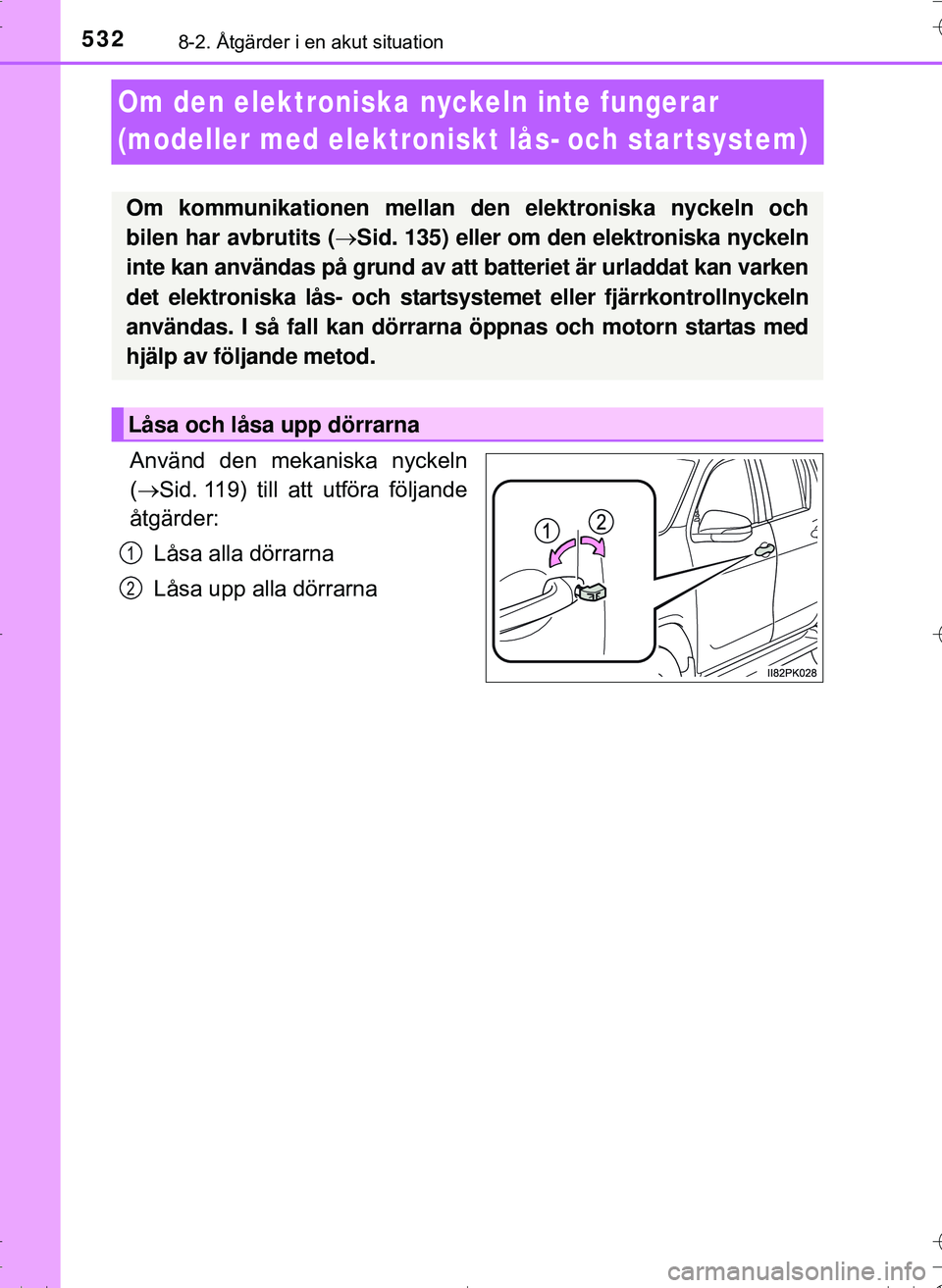 TOYOTA HILUX 2016 Bruksanvisningar (in Swedish) 5328-2. Åtgärder i en akut situation
OM0K269SE
Om den elektroniska nyckeln inte fungerar
(modeller med elektroniskt lås- och startsystem)
Använd den mekaniska nyckeln
( Sid. 119) till att utf TOYOTA HILUX 2016 Bruksanvisningar (in Swedish) 5328-2. Åtgärder i en akut situation
OM0K269SE
Om den elektroniska nyckeln inte fungerar
(modeller med elektroniskt lås- och startsystem)
Använd den mekaniska nyckeln
( Sid. 119) till att utf