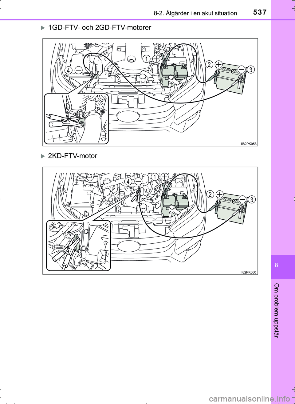 TOYOTA HILUX 2016 Bruksanvisningar (in Swedish) 5378-2. Åtgärder i en akut situation
OM0K269SE
8
Om problem uppstår
1GD-FTV- och 2GD-FTV-motorer
2KD-FTV-motor
324
1
32
14
OM0K269SE_Hilux.book Page 537 Friday, January 29, 2016 10:44 AM TOYOTA HILUX 2016 Bruksanvisningar (in Swedish) 5378-2. Åtgärder i en akut situation
OM0K269SE
8
Om problem uppstår
1GD-FTV- och 2GD-FTV-motorer
2KD-FTV-motor
324
1
32
14
OM0K269SE_Hilux.book Page 537 Friday, January 29, 2016 10:44 AM