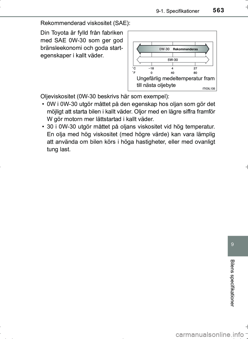 TOYOTA HILUX 2016 Bruksanvisningar (in Swedish) 563
9
9-1. Specifikationer
Bilens specifikationer
OM0K269SE
Rekommenderad viskositet (SAE):
Din Toyota är fylld från fabriken
med SAE 0W-30 som ger god
bränsleekonomi och goda start-
egenskaper i k TOYOTA HILUX 2016 Bruksanvisningar (in Swedish) 563
9
9-1. Specifikationer
Bilens specifikationer
OM0K269SE
Rekommenderad viskositet (SAE):
Din Toyota är fylld från fabriken
med SAE 0W-30 som ger god
bränsleekonomi och goda start-
egenskaper i k