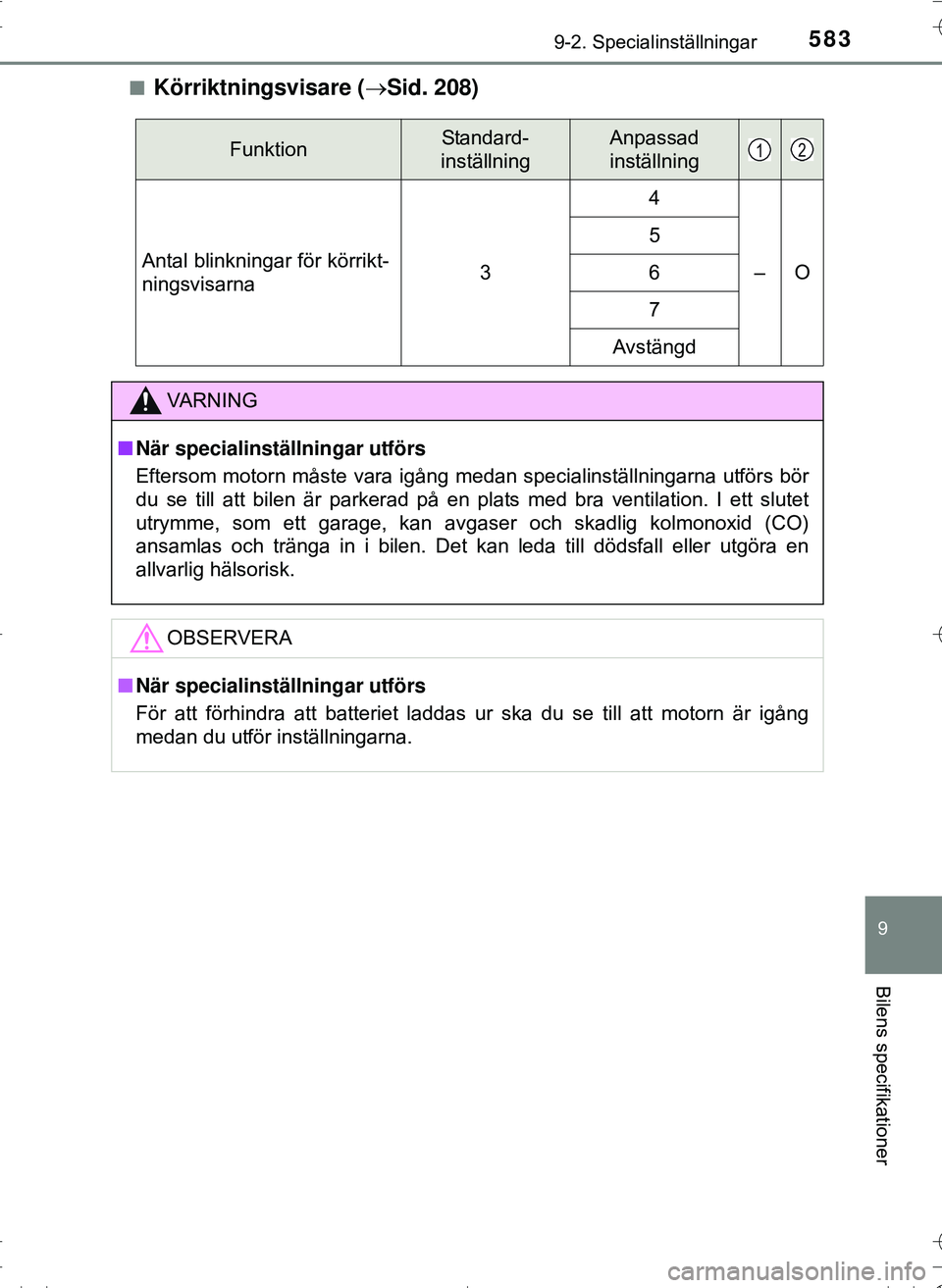 TOYOTA HILUX 2016 Bruksanvisningar (in Swedish) 5839-2. Specialinställningar
OM0K269SE
9
Bilens specifikationer
nKörriktningsvisare (Sid. 208)
FunktionStandard-
inställningAnpassad
inställning
Antal blinkningar för körrikt-
ningsvisarna3
4 TOYOTA HILUX 2016 Bruksanvisningar (in Swedish) 5839-2. Specialinställningar
OM0K269SE
9
Bilens specifikationer
nKörriktningsvisare (Sid. 208)
FunktionStandard-
inställningAnpassad
inställning
Antal blinkningar för körrikt-
ningsvisarna3
4