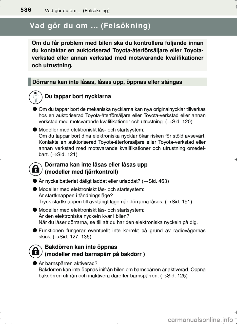 TOYOTA HILUX 2016 Bruksanvisningar (in Swedish) 586Vad gör du om ... (Felsökning)
OM0K269SE
Vad gör du om ... (Felsökning)
lOm du tappar bort de mekaniska nycklarna kan nya originalnycklar tillverkas
hos en auktoriserad Toyota-återförsäljare TOYOTA HILUX 2016 Bruksanvisningar (in Swedish) 586Vad gör du om ... (Felsökning)
OM0K269SE
Vad gör du om ... (Felsökning)
lOm du tappar bort de mekaniska nycklarna kan nya originalnycklar tillverkas
hos en auktoriserad Toyota-återförsäljare