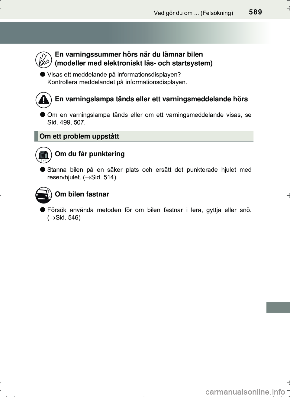 TOYOTA HILUX 2016 Bruksanvisningar (in Swedish) 589Vad gör du om ... (Felsökning)
OM0K269SE
lVisas ett meddelande på informationsdisplayen?
Kontrollera meddelandet på informationsdisplayen.
lOm en varningslampa tänds eller om ett varningsmedde TOYOTA HILUX 2016 Bruksanvisningar (in Swedish) 589Vad gör du om ... (Felsökning)
OM0K269SE
lVisas ett meddelande på informationsdisplayen?
Kontrollera meddelandet på informationsdisplayen.
lOm en varningslampa tänds eller om ett varningsmedde