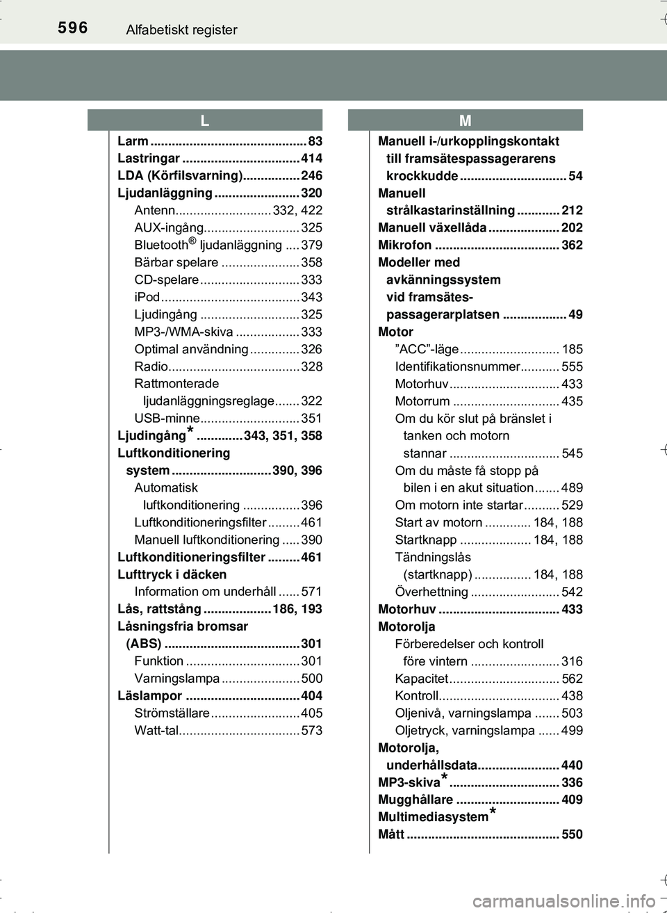 TOYOTA HILUX 2016  Bruksanvisningar (in Swedish) 596Alfabetiskt register
OM0K269SE
Larm ............................................ 83
Lastringar ................................. 414
LDA (Körfilsvarning)................ 246
Ljudanläggning ......