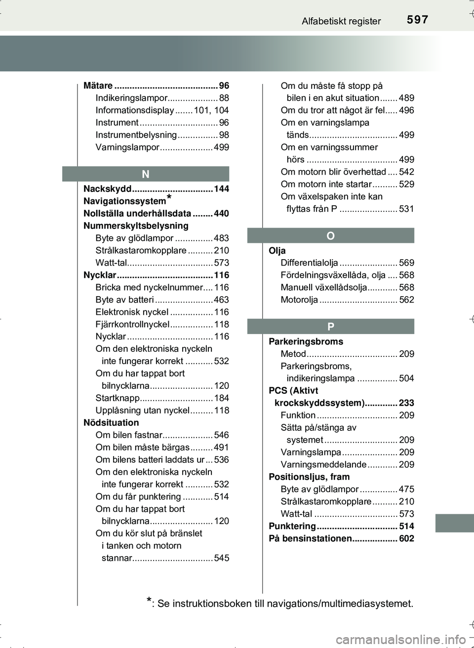 TOYOTA HILUX 2016  Bruksanvisningar (in Swedish) 597Alfabetiskt register
OM0K269SE
Mätare ......................................... 96Indikeringslampor.................... 88
Informationsdisplay ....... 101, 104
Instrument .........................