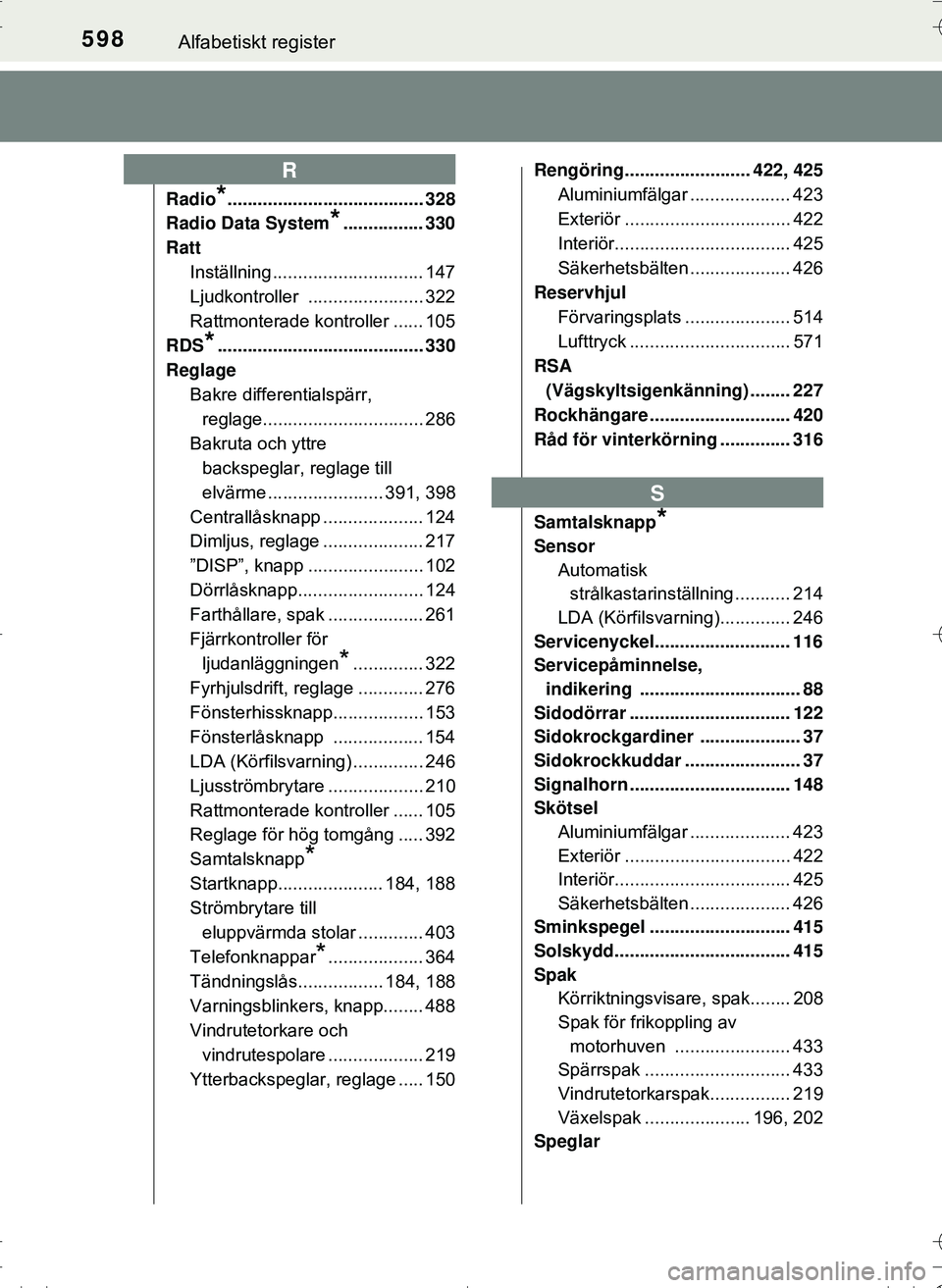 TOYOTA HILUX 2016  Bruksanvisningar (in Swedish) 598Alfabetiskt register
OM0K269SE
Radio*....................................... 328
Radio Data System
*................ 330
Ratt Inställning .............................. 147
Ljudkontroller ........