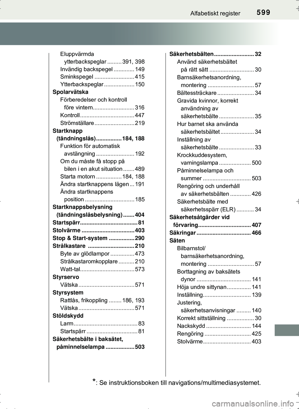 TOYOTA HILUX 2016  Bruksanvisningar (in Swedish) 599Alfabetiskt register
OM0K269SE
Eluppvärmda ytterbackspeglar ......... 391, 398
Invändig backspegel ............. 149
Sminkspegel ......................... 415
Ytterbackspeglar ... ...............