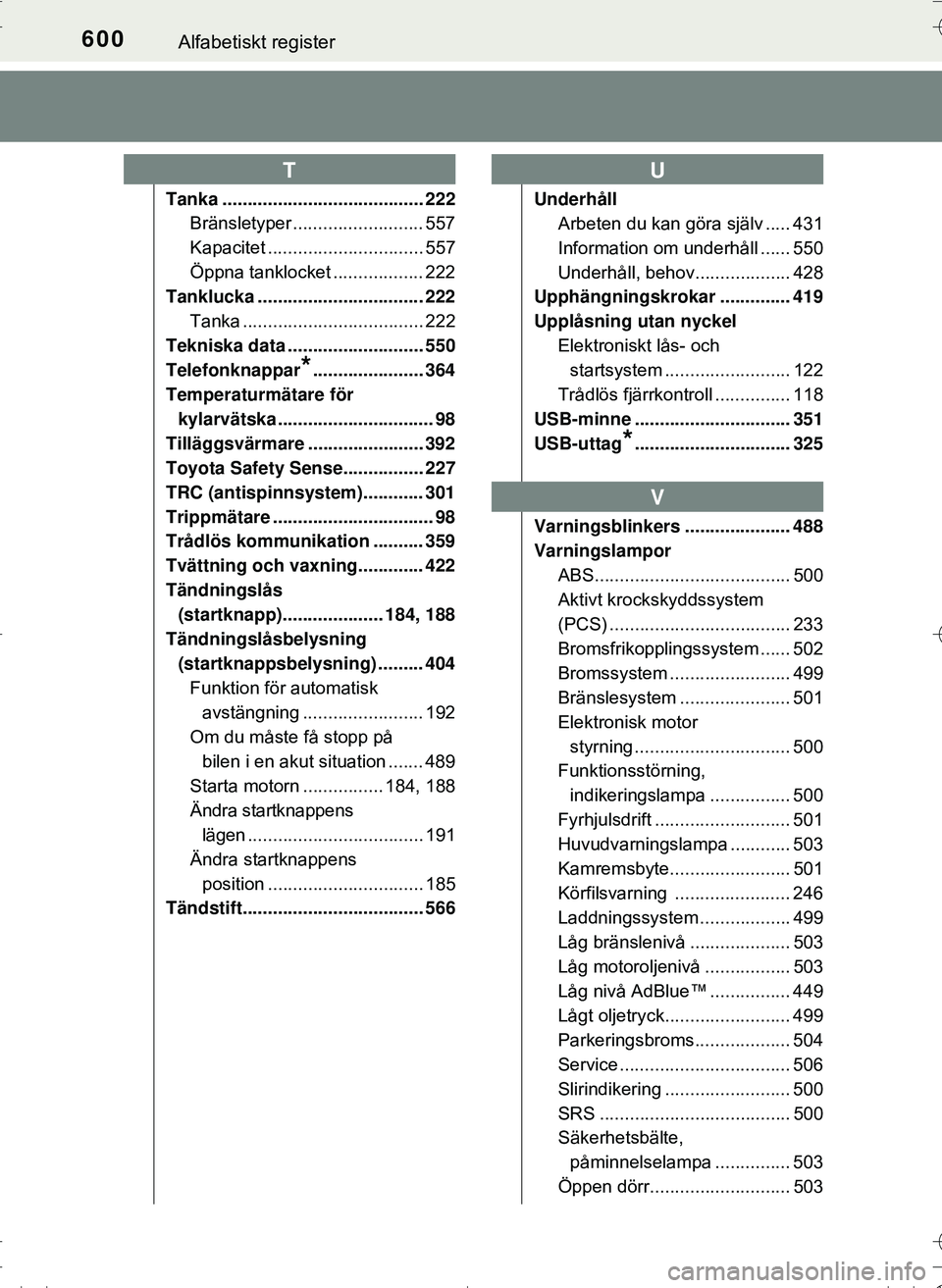 TOYOTA HILUX 2016  Bruksanvisningar (in Swedish) 600Alfabetiskt register
OM0K269SE
Tanka ........................................ 222Bränsletyper .......................... 557
Kapacitet ............................... 557
Öppna tanklocket .......