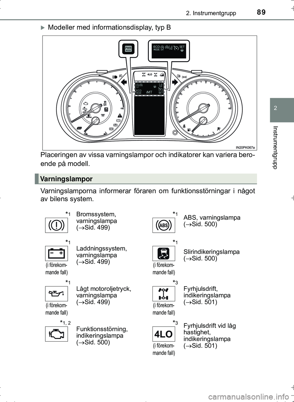 TOYOTA HILUX 2016  Bruksanvisningar (in Swedish) 892. Instrumentgrupp
2
Instrumentgrupp
OM0K269SE
Modeller med informationsdisplay, typ B
Placeringen av vissa varningslampor  och indikatorer kan variera bero-
ende på modell.
Varningslamporna inf