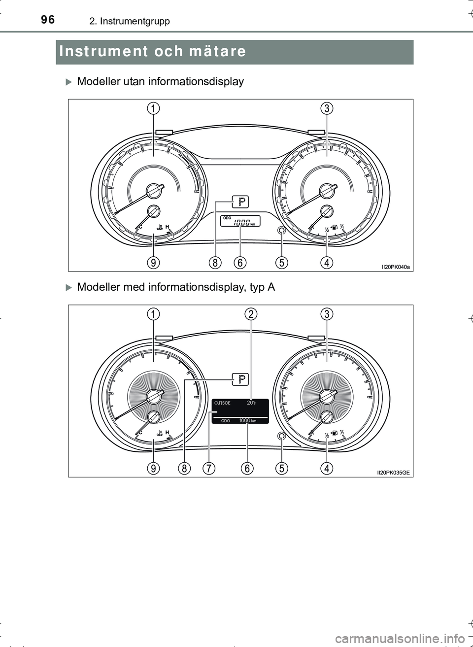 TOYOTA HILUX 2016 Bruksanvisningar (in Swedish) 962. Instrumentgrupp
OM0K269SE
Instrument och mätare
Modeller utan informationsdisplay
Modeller med informationsdisplay, typ A
OM0K269SE_Hilux.book Page 96 Frid ay, January 29, 2016 10:44 AM TOYOTA HILUX 2016 Bruksanvisningar (in Swedish) 962. Instrumentgrupp
OM0K269SE
Instrument och mätare
Modeller utan informationsdisplay
Modeller med informationsdisplay, typ A
OM0K269SE_Hilux.book Page 96 Frid ay, January 29, 2016 10:44 AM