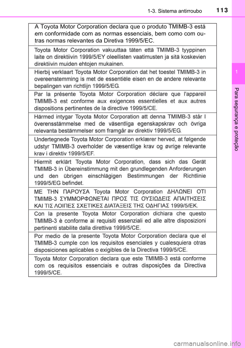 TOYOTA HILUX 2017  Manual de utilização (in Portuguese) 113������6�L�V�W�H�P�D��D�Q�W�L�U�U�R�X�E�R
�
�3�D�U�D��V�H�J�X�U�D�Q�o�D��H��S�U�R�W�H�o�m�R
�$��7�R�\�R�W�D��0�R�W�R�U��&�R�U�S�R�U�D�W�L�R�Q��G�H�F�O�D�U�D��T�X�H��R��S�U�R�G�X�W�R