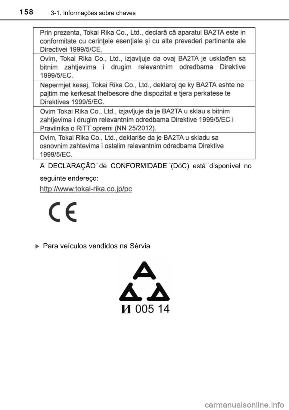 TOYOTA HILUX 2017  Manual de utilização (in Portuguese) 158������,�Q�I�R�U�P�D�o�}�H�V��V�R�E�U�H��F�K�D�Y�H�V
�X�3�D�U�D��Y�H�t�F�X�O�R�V��Y�H�Q�G�L�G�R�V��Q�D��6�p�U�Y�L�D
�$� ��(�&�/�$�5�$�d�