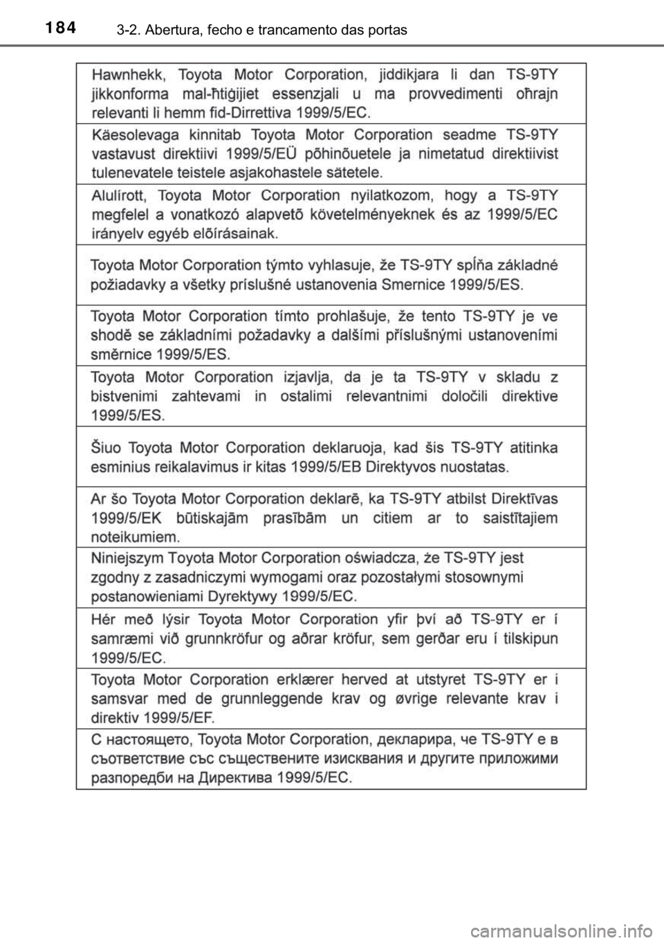 TOYOTA HILUX 2017  Manual de utilização (in Portuguese) 184������$�E�H�U�W�X�U�D���I�H�F�K�R��H��W�U�D�Q�F�D�P�H�Q�W�R��G�D�V��S�R�U�W�D�V 