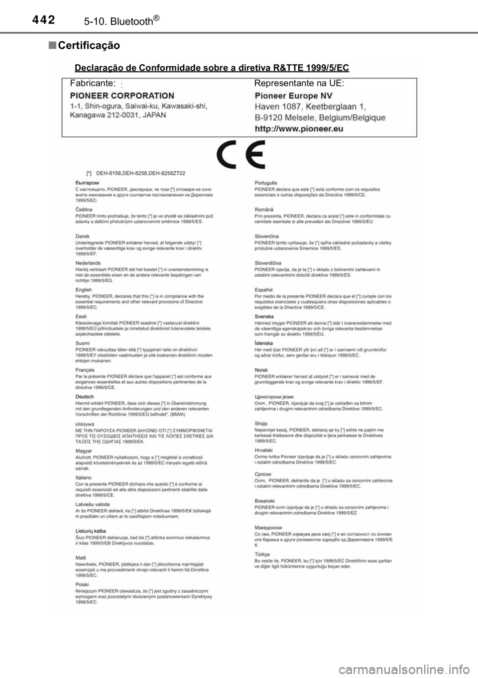 TOYOTA HILUX 2017  Manual de utilização (in Portuguese) 442�������%�O�X�H�W�R�R�W�K�Š
■�&�H�U�W�L�I�L�F�D�o�m�R
��H�F�O�D�U�D�o�m�R��G�H��&�R�Q�I�R�U�P�L�G�D�G�H��V�R�E�U�H��D��G�L�U�H�W�L�Y�D��5�	�7�7�(���������(�&
�)�D�E�U�L�F�D�Q