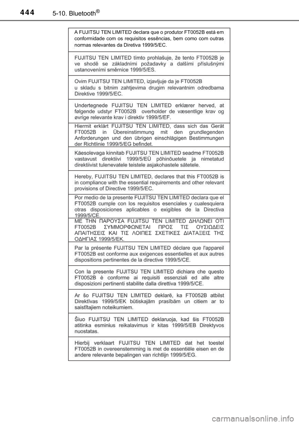 TOYOTA HILUX 2017  Manual de utilização (in Portuguese) 444�������%�O�X�H�W�R�R�W�K�Š
�$��)�8�-�,�7�6�8��7�(�1��/�,�0�,�7�(���G�H�F�O�D�U�D��T�X�H��R��S�U�R�G�X�W�R�U��)�7�����%��H�V�W�i��H�P
�F�R�Q�I�R�U�P�L�G�D�G�H� �F�R�P� �R�V�