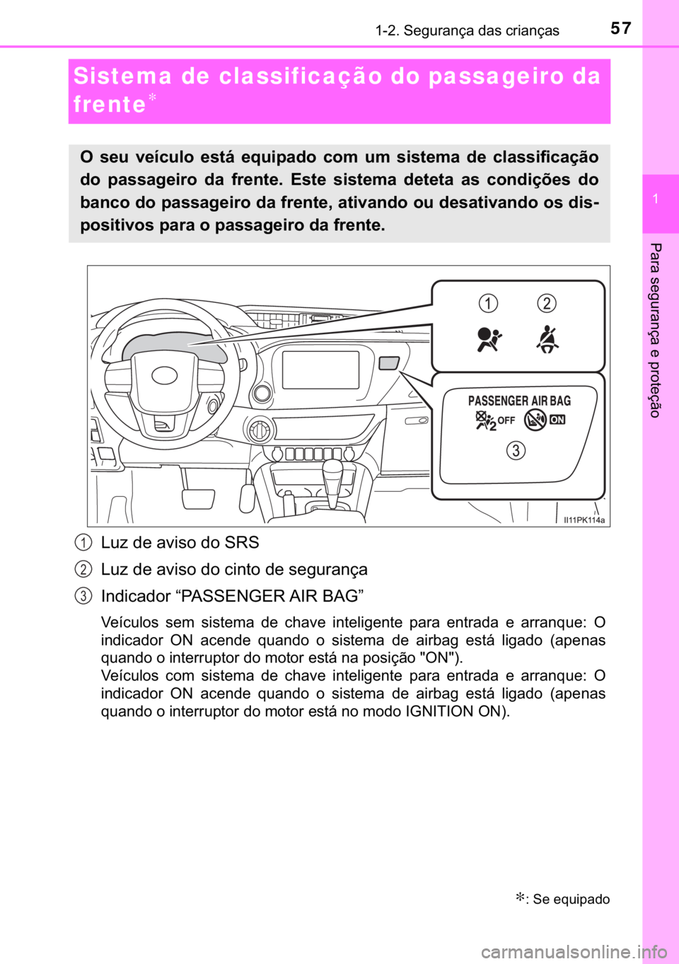 TOYOTA HILUX 2017  Manual de utilização (in Portuguese) 57������6�H�J�X�U�D�Q�o�D��G�D�V��F�U�L�D�Q�o�D�V
�
�3�D�U�D��V�H�J�X�U�D�Q�o�D��H��S�U�R�W�H�o�m�R
Sistema de classificação do passageiro da 
frente
∗
�/�X�]��G�H��D�Y�L�V�R��G�R��