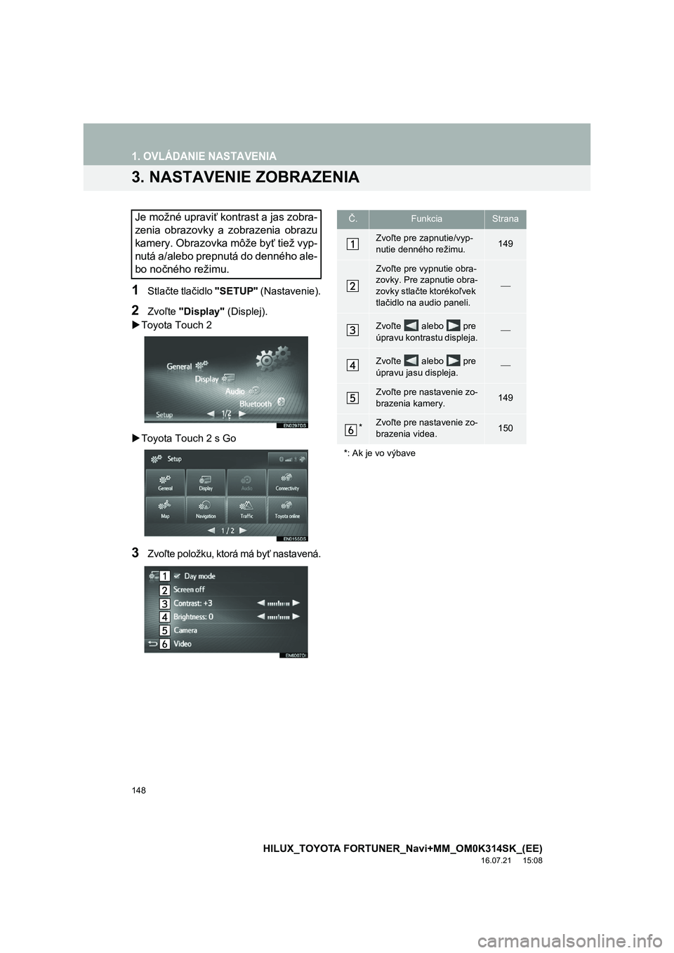 TOYOTA HILUX 2017 Návod na použitie (in Slovakian) 148
1. OVLÁDANIE NASTAVENIA
HILUX_TOYOTA FORTUNER_Navi+MM_OM0K314SK_(EE)
16.07.21 15:08
3. NASTAVENIE ZOBRAZENIA
1Stlačte tlačidlo "SETUP" (Nastavenie).
2Zvoľte "Display" (Displej).
Toyot TOYOTA HILUX 2017 Návod na použitie (in Slovakian) 148
1. OVLÁDANIE NASTAVENIA
HILUX_TOYOTA FORTUNER_Navi+MM_OM0K314SK_(EE)
16.07.21 15:08
3. NASTAVENIE ZOBRAZENIA
1Stlačte tlačidlo "SETUP" (Nastavenie).
2Zvoľte "Display" (Displej).
Toyot