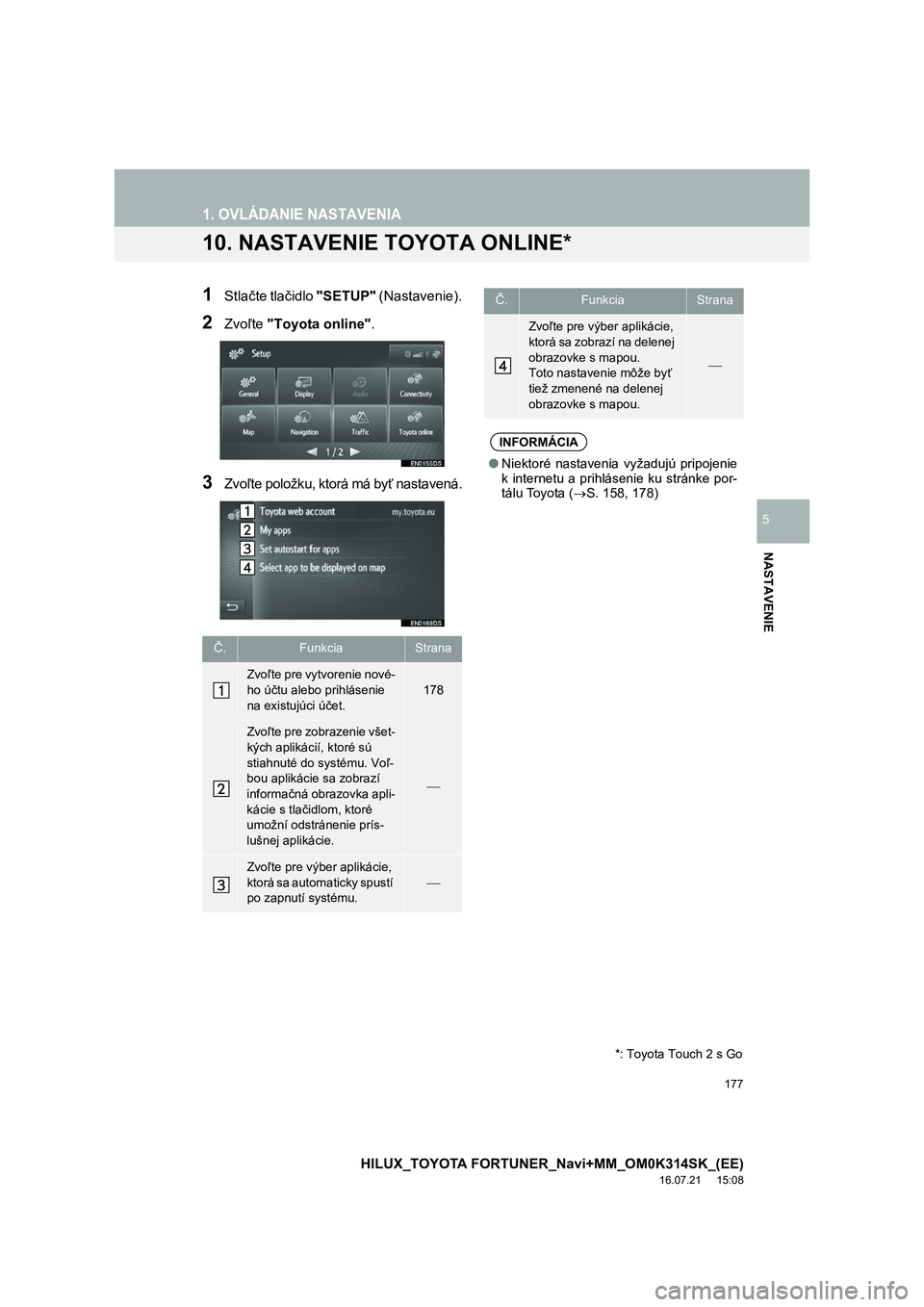 TOYOTA HILUX 2017 Návod na použitie (in Slovakian) 177
1. OVLÁDANIE NASTAVENIA
HILUX_TOYOTA FORTUNER_Navi+MM_OM0K314SK_(EE)
16.07.21 15:08
NASTAVENIE
5
10. NASTAVENIE TOYOTA ONLINE*
1Stlačte tlačidlo "SETUP" (Nastavenie).
2Zvoľte "Toyota onlin TOYOTA HILUX 2017 Návod na použitie (in Slovakian) 177
1. OVLÁDANIE NASTAVENIA
HILUX_TOYOTA FORTUNER_Navi+MM_OM0K314SK_(EE)
16.07.21 15:08
NASTAVENIE
5
10. NASTAVENIE TOYOTA ONLINE*
1Stlačte tlačidlo "SETUP" (Nastavenie).
2Zvoľte "Toyota onlin