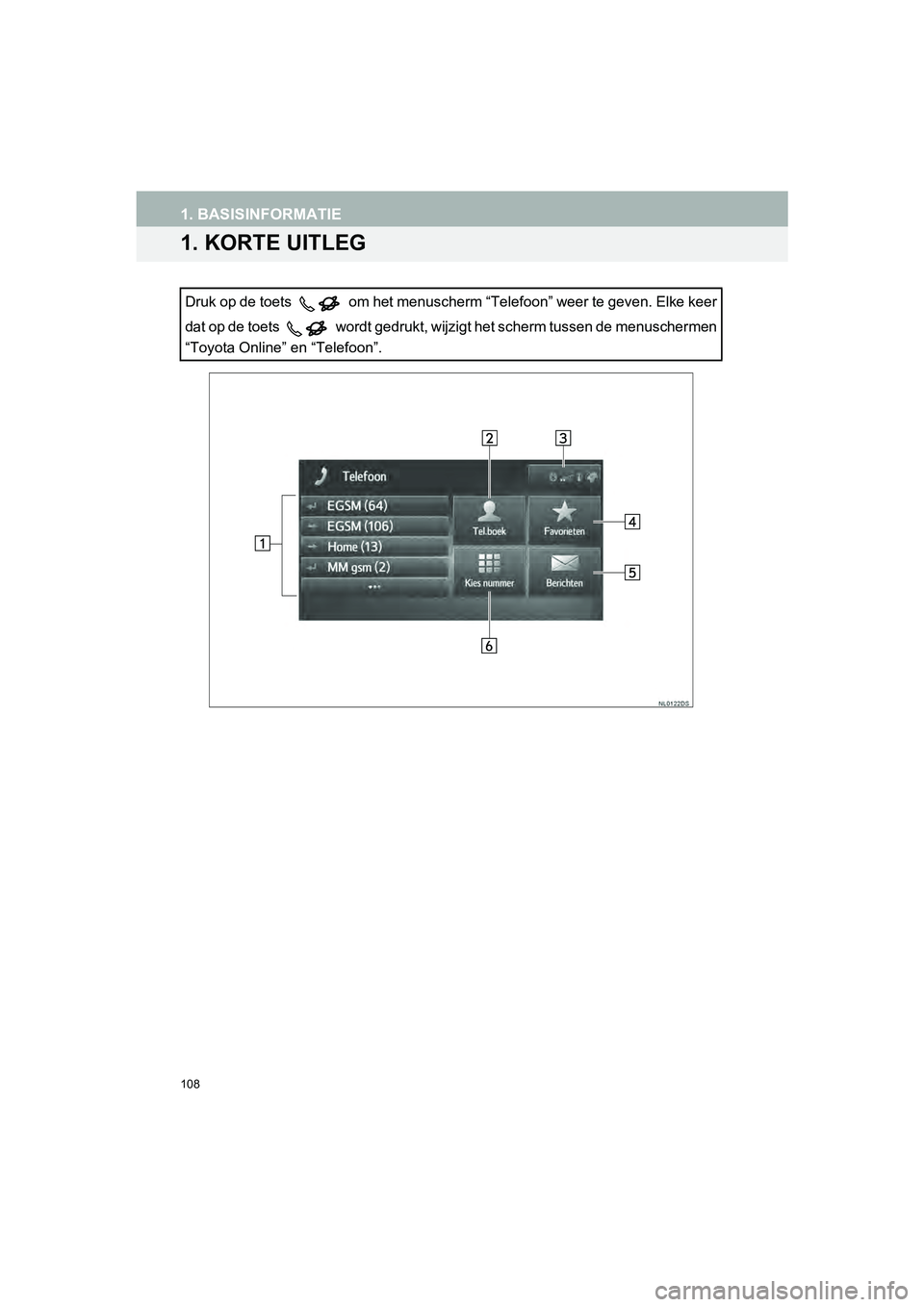 TOYOTA HILUX 2017  Instructieboekje (in Dutch) 108
HILUX_TOYOTA FORTUNER_Navi+MM_OM0K314E_(EE)
16.08.12     09:31
1. BASISINFORMATIE
1. KORTE UITLEG
Druk op de toets   om het menuscherm “Telefoon” weer te geven. Elke keer
dat op de toets   wor