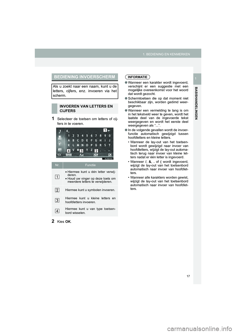 TOYOTA HILUX 2017  Instructieboekje (in Dutch) 17
1. BEDIENING EN KENMERKEN
HILUX_TOYOTA FORTUNER_Navi+MM_OM0K314E_(EE)
16.08.12     09:35
BASISHANDELINGEN
1
1Selecteer  de  toetsen  om  letters  of  cij-
fers in te voeren.
2Kies  OK.
BEDIENING IN