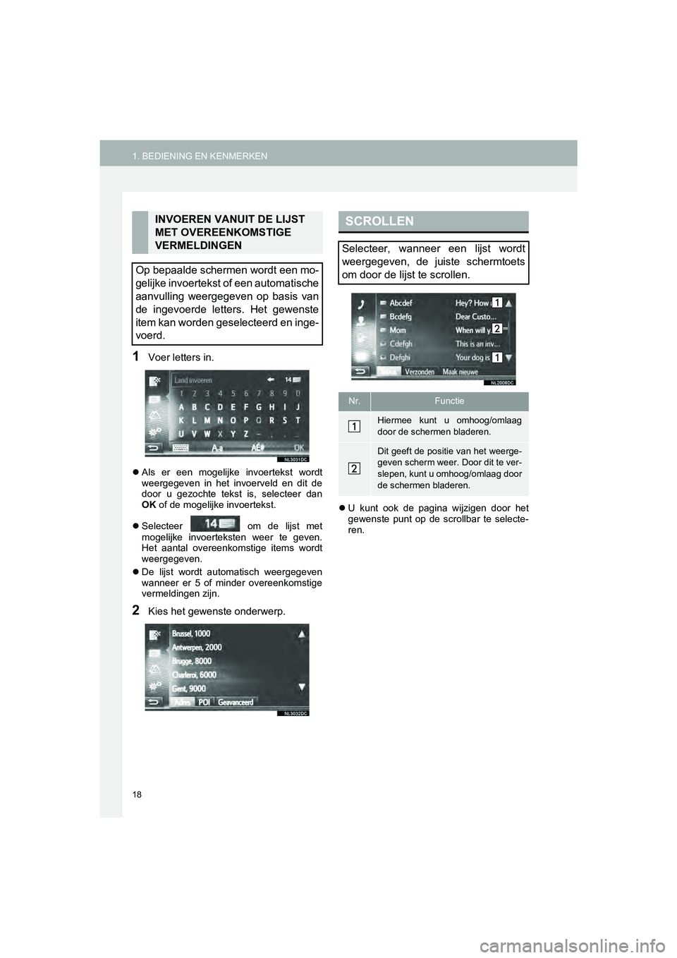 TOYOTA HILUX 2017  Instructieboekje (in Dutch) 18
1. BEDIENING EN KENMERKENHILUX_TOYOTA FORTUNER_Navi+MM_OM0K314E_(EE)
16.08.12     09:35
1Voer letters in.
Als  er  een  mogelijke  invoertekst  wordt
weergegeven  in  het  invoerveld  en  dit  d