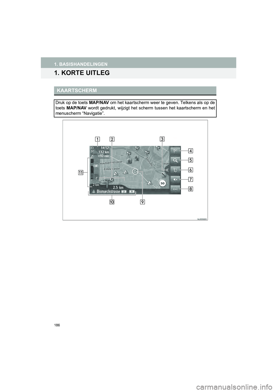 TOYOTA HILUX 2017  Instructieboekje (in Dutch) 186
HILUX_TOYOTA FORTUNER_Navi+MM_OM0K314E_(EE)
16.08.12     09:31
1. BASISHANDELINGEN
1. KORTE UITLEG
KAARTSCHERM
Druk op de toets MAP/NAV om het kaartscherm weer te geven. Telkens als op de
toets  M