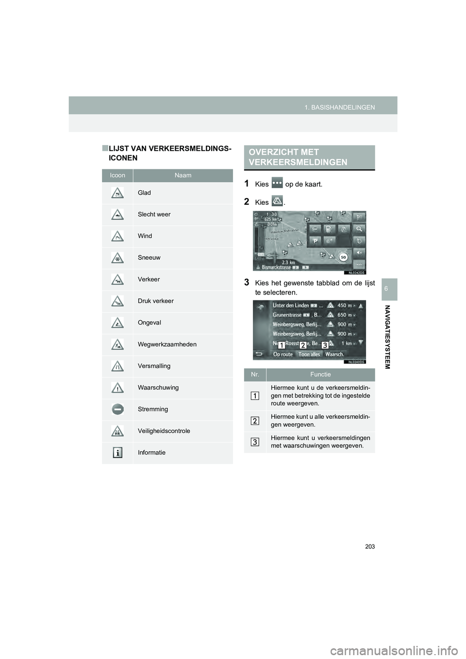 TOYOTA HILUX 2017  Instructieboekje (in Dutch) 203
1. BASISHANDELINGEN
HILUX_TOYOTA FORTUNER_Navi+MM_OM0K314E_(EE)
16.08.12     09:31
NAVIGATIESYSTEEM
6
■LIJST VAN VERKEERSMELDINGS-
ICONEN
1Kies   op de kaart.
2Kies  .
3Kies  het  gewenste  tabb