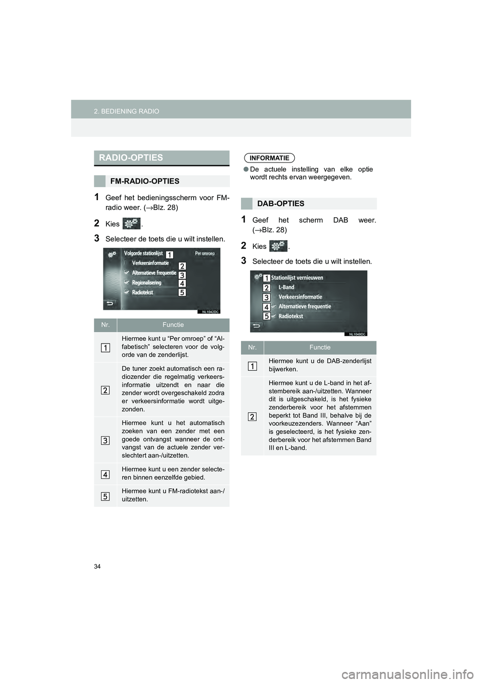 TOYOTA HILUX 2017  Instructieboekje (in Dutch) 34
2. BEDIENING RADIOHILUX_TOYOTA FORTUNER_Navi+MM_OM0K314E_(EE)
16.08.12     09:35
1Geef  het  bedieningsscherm  voor  FM-
radio weer. (→Blz. 28)
2Kies  .
3Selecteer de toets di e u wilt instellen.