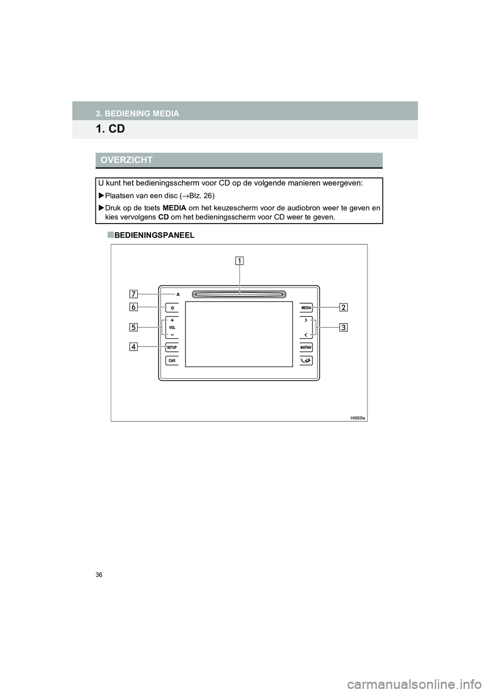 TOYOTA HILUX 2017  Instructieboekje (in Dutch) 36
HILUX_TOYOTA FORTUNER_Navi+MM_OM0K314E_(EE)
16.08.12     09:31
3. BEDIENING MEDIA
1. CD
■BEDIENINGSPANEEL
OVERZICHT
U kunt het bedieningsscherm voor CD op de volgende manieren weergeven: 
Plaa