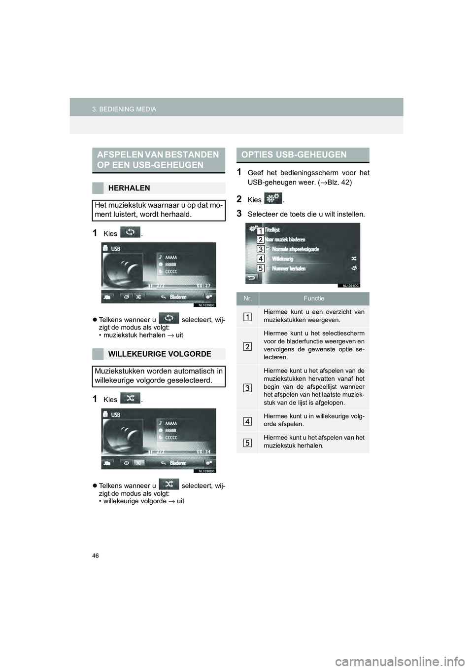 TOYOTA HILUX 2017  Instructieboekje (in Dutch) 46
3. BEDIENING MEDIAHILUX_TOYOTA FORTUNER_Navi+MM_OM0K314E_(EE)
16.08.12     09:31
1Kies  .
Telkens wanneer u   selecteert, wij-
zigt de modus als volgt:
• muziekstuk herhalen  → uit
1Kies  .
