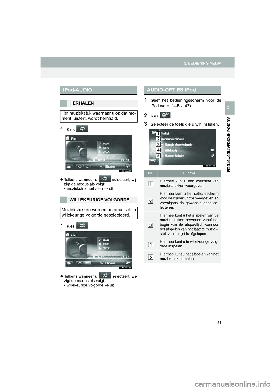 TOYOTA HILUX 2017  Instructieboekje (in Dutch) 51
3. BEDIENING MEDIA
HILUX_TOYOTA FORTUNER_Navi+MM_OM0K314E_(EE)
16.08.12     09:31
AUDIO-/INFORMATIESYSTEEM
2
1Kies  .
 Telkens wanneer u   selecteert, wij-
zigt de modus als volgt:
• muziekstu