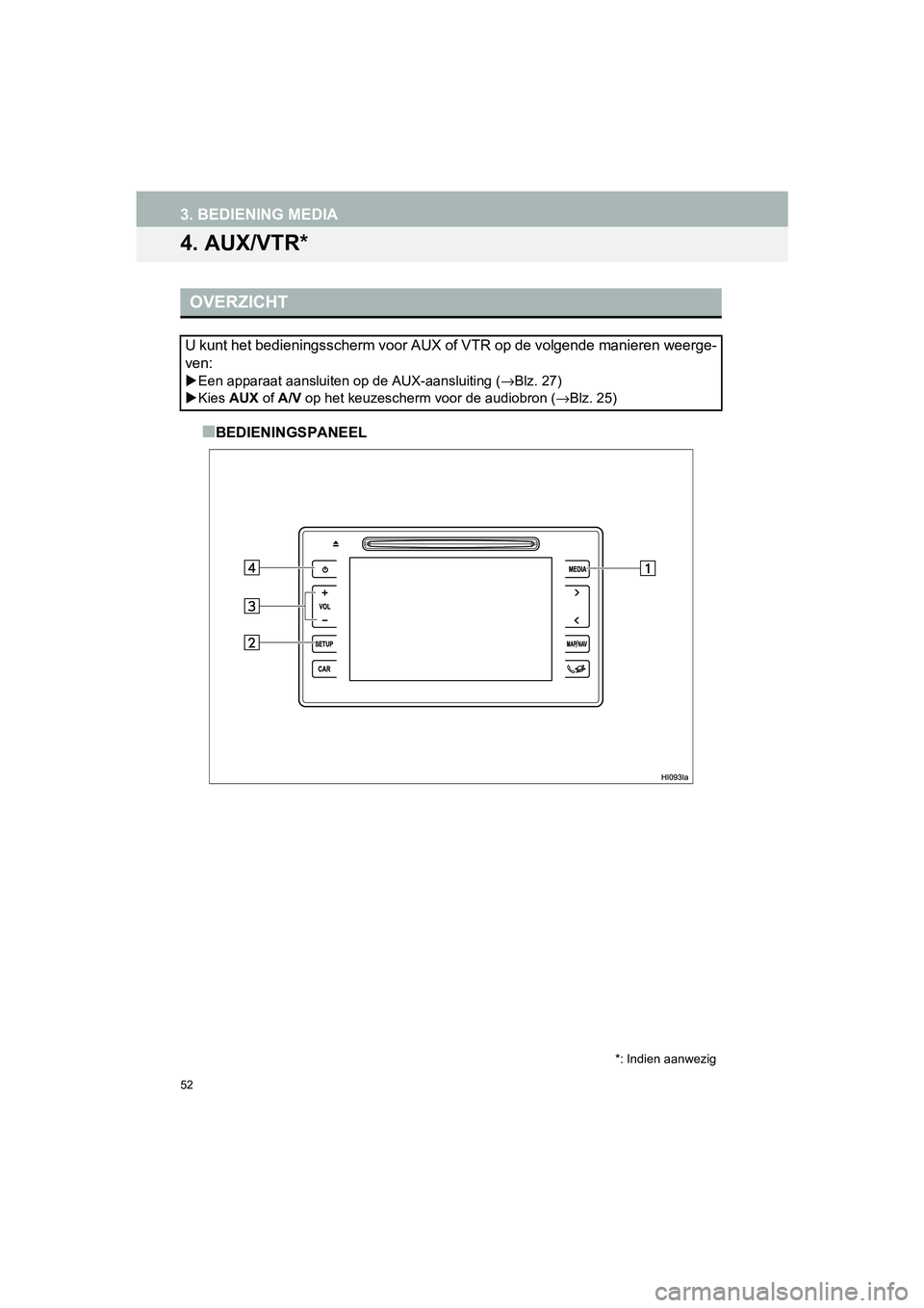 TOYOTA HILUX 2017  Instructieboekje (in Dutch) 52
3. BEDIENING MEDIA
HILUX_TOYOTA FORTUNER_Navi+MM_OM0K314E_(EE)
16.08.12     09:31
4. AUX/VTR*
■BEDIENINGSPANEEL
OVERZICHT
U kunt het bedieningsscherm voor AUX of VTR op de volgende manieren weerg