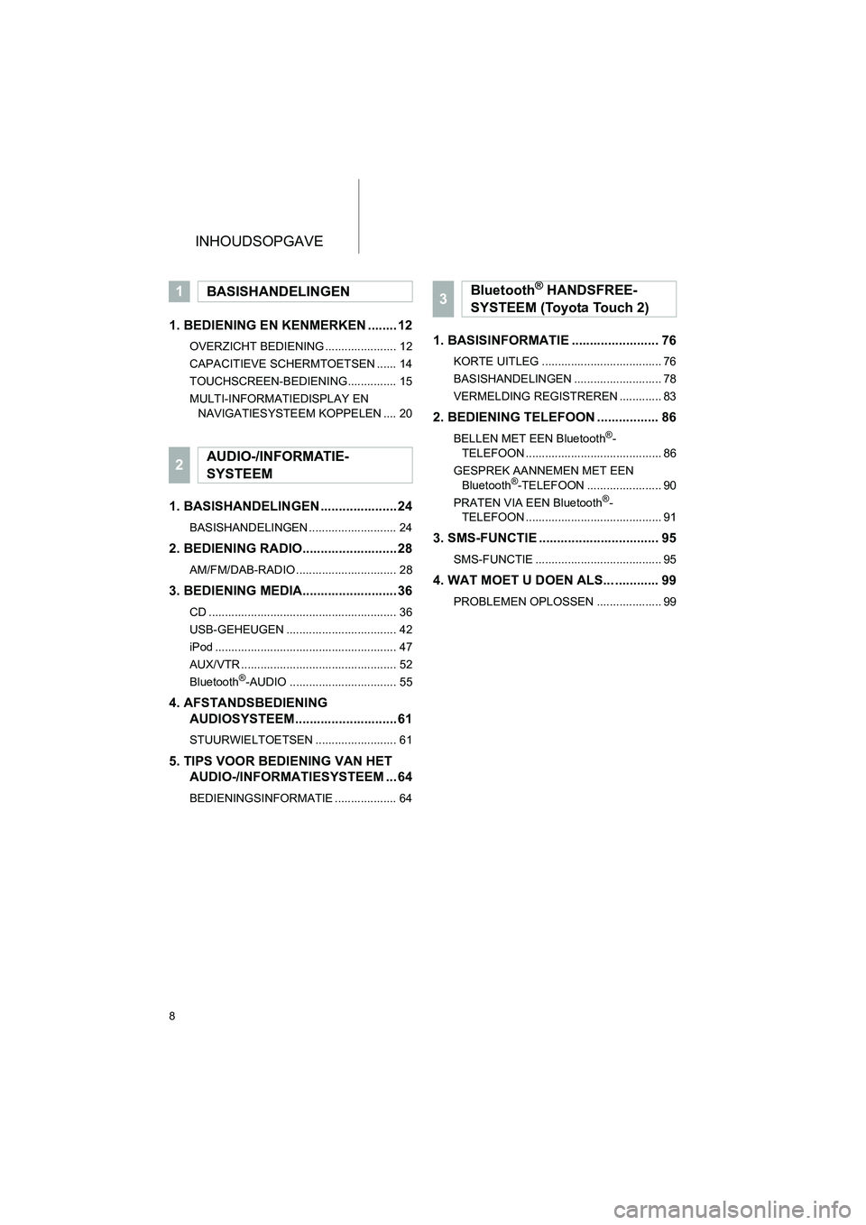 TOYOTA HILUX 2017 Instructieboekje (in Dutch) INHOUDSOPGAVE
8
HILUX_TOYOTA FORTUNER_Navi+MM_OM0K314E_(EE)
16.08.12 09:35
1. BEDIENING EN KENMERKEN ........ 12
OVERZICHT BEDIENING ...................... 12
CAPACITIEVE SCHERMTOETSEN ...... 14
T TOYOTA HILUX 2017 Instructieboekje (in Dutch) INHOUDSOPGAVE
8
HILUX_TOYOTA FORTUNER_Navi+MM_OM0K314E_(EE)
16.08.12 09:35
1. BEDIENING EN KENMERKEN ........ 12
OVERZICHT BEDIENING ...................... 12
CAPACITIEVE SCHERMTOETSEN ...... 14
T