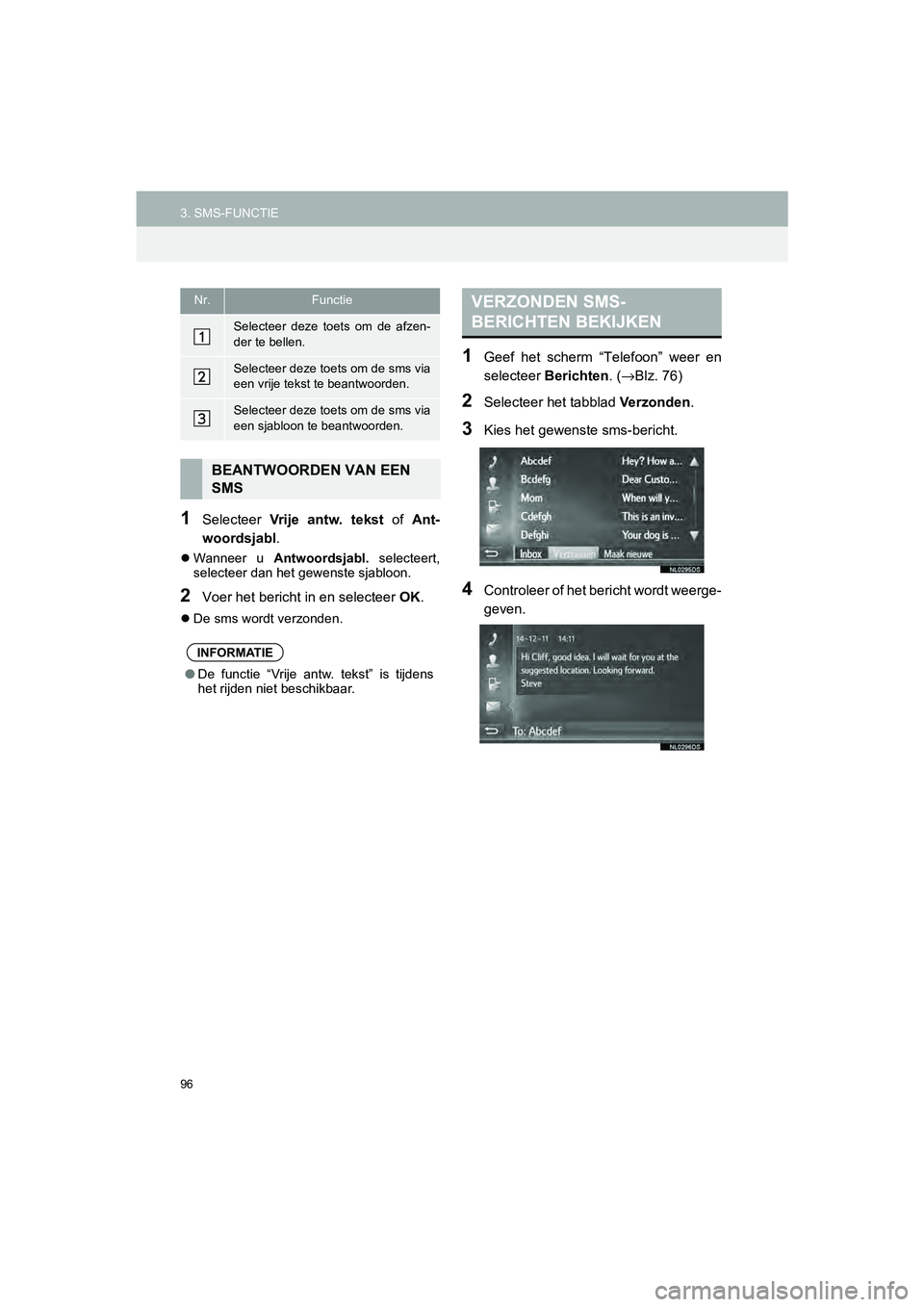 TOYOTA HILUX 2017  Instructieboekje (in Dutch) 96
3. SMS-FUNCTIEHILUX_TOYOTA FORTUNER_Navi+MM_OM0K314E_(EE)
16.08.12     09:31
1Selecteer Vrije antw. tekst  of Ant-
woordsjabl .
Wanneer  u  Antwoordsjabl.   selecteert,
selecteer dan het gewenst