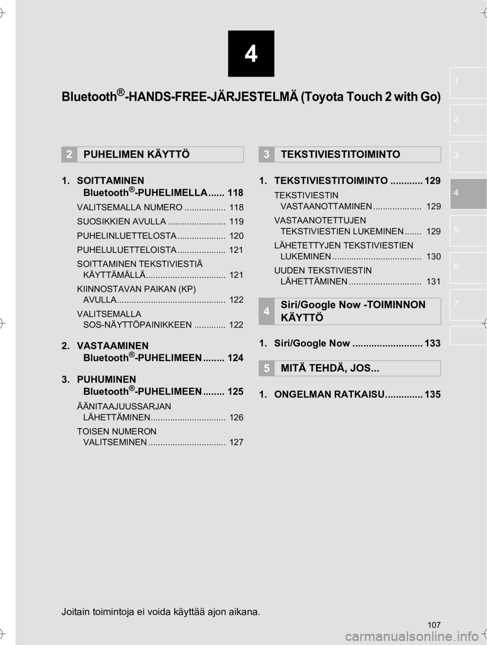 TOYOTA HILUX 2017  Omistajan Käsikirja (in Finnish) 107
4
OM0K314FI
1
2
3
4
5
6
7
1. SOITTAMINEN  Bluetooth®-PUHELIMELLA ...... 118
VALITSEMALLA NUMERO .................  118
SUOSIKKIEN AVULLA ........................  119
PUHELINLUETTELOSTA .........