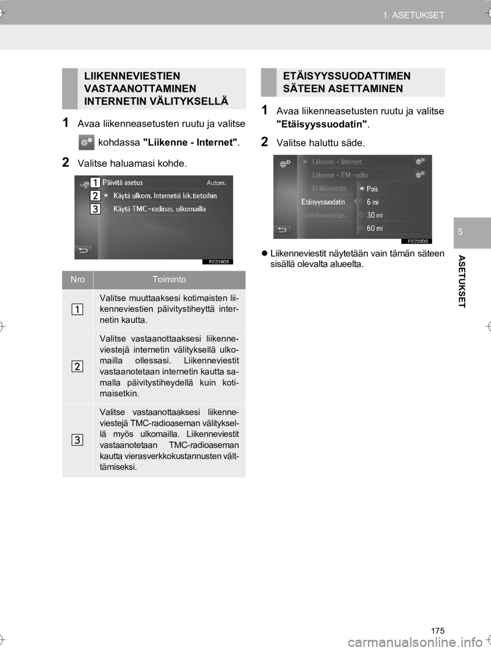 TOYOTA HILUX 2017  Omistajan Käsikirja (in Finnish) 175
1. ASETUKSET
OM0K314FI
ASETUKSET
5
1Avaa liikenneasetusten ruutu ja valitse kohdassa  "Liikenne - Internet" .
2Valitse haluamasi kohde.
1Avaa liikenneasetusten ruutu ja valitse
"Etäisyyssuodatin"
