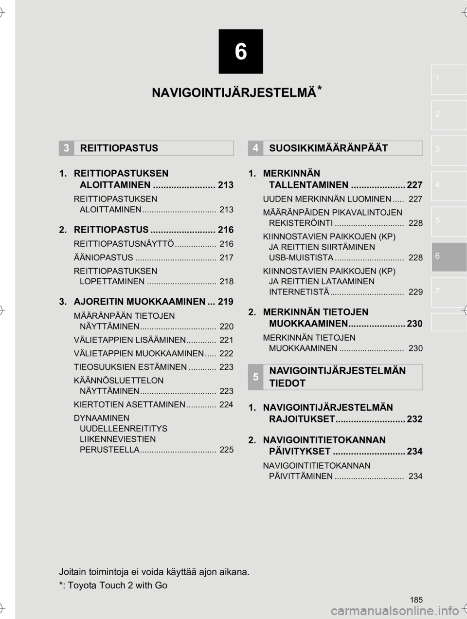 TOYOTA HILUX 2017  Omistajan Käsikirja (in Finnish) 6
185
OM0K314FI
1
2
3
4
5
6
7
1. REITTIOPASTUKSEN  ALOITTAMINEN ........................ 213
REITTIOPASTUKSEN 
ALOITTAMINEN ................................  213
2. REITTIOPASTUS .....................