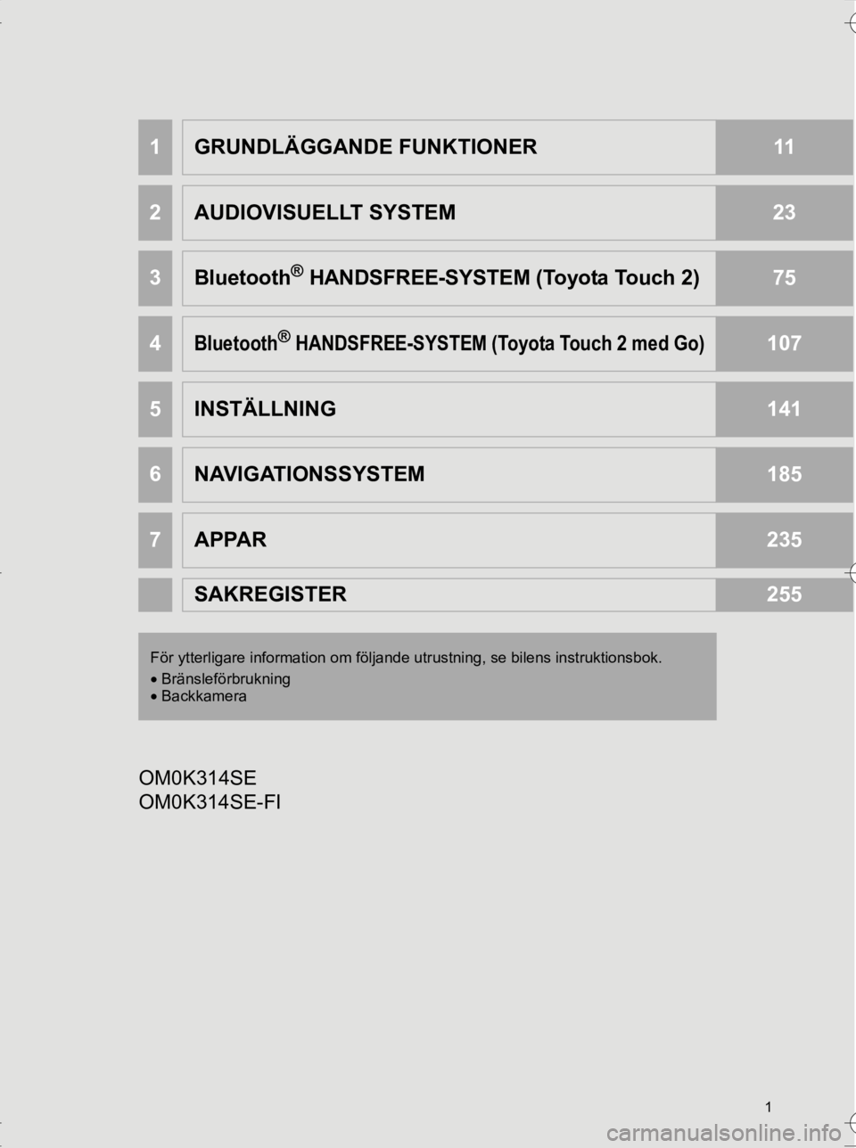 TOYOTA HILUX 2017 Bruksanvisningar (in Swedish) 1
OM0K314SE
1GRUNDLÄGGANDE FUNKTIONER11
2AUDIOVISUELLT SYSTEM23
3Bluetooth® HANDSFREE-SYSTEM (Toyota Touch 2)75
4Bluetooth® HANDSFREE-SYSTEM (Toyota Touch 2 med Go)107
5INSTÄLLNING141
6NAVIGATIONS TOYOTA HILUX 2017 Bruksanvisningar (in Swedish) 1
OM0K314SE
1GRUNDLÄGGANDE FUNKTIONER11
2AUDIOVISUELLT SYSTEM23
3Bluetooth® HANDSFREE-SYSTEM (Toyota Touch 2)75
4Bluetooth® HANDSFREE-SYSTEM (Toyota Touch 2 med Go)107
5INSTÄLLNING141
6NAVIGATIONS