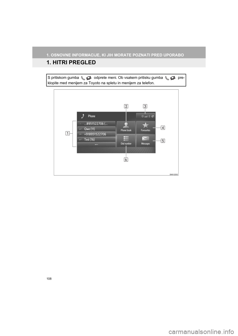 TOYOTA HILUX 2017  Manual de utilizare (in Romanian) 108
HILUX_TOYOTA FORTUNER_Navi+MM_OM0K314E_(EE)
16.06.07     13:33
1. OSNOVNE INFORMACIJE, KI JIH MORATE POZNATI PRED UPORABO
1. HITRI PREGLED
S pritiskom gumba   odprete meni. Ob vsakem pritisku gumb