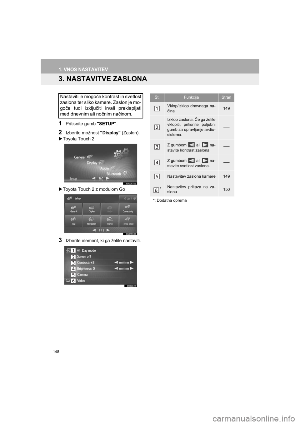 TOYOTA HILUX 2017  Manual de utilizare (in Romanian) 148
1. VNOS NASTAVITEV
HILUX_TOYOTA FORTUNER_Navi+MM_OM0K314E_(EE)16.06.07     13:33
3. NASTAVITVE ZASLONA
1Pritisnite gumb "SETUP".
2Izberite možnost "Display" (Zaslon).
�XToyota Touch 2
�XToyota To
