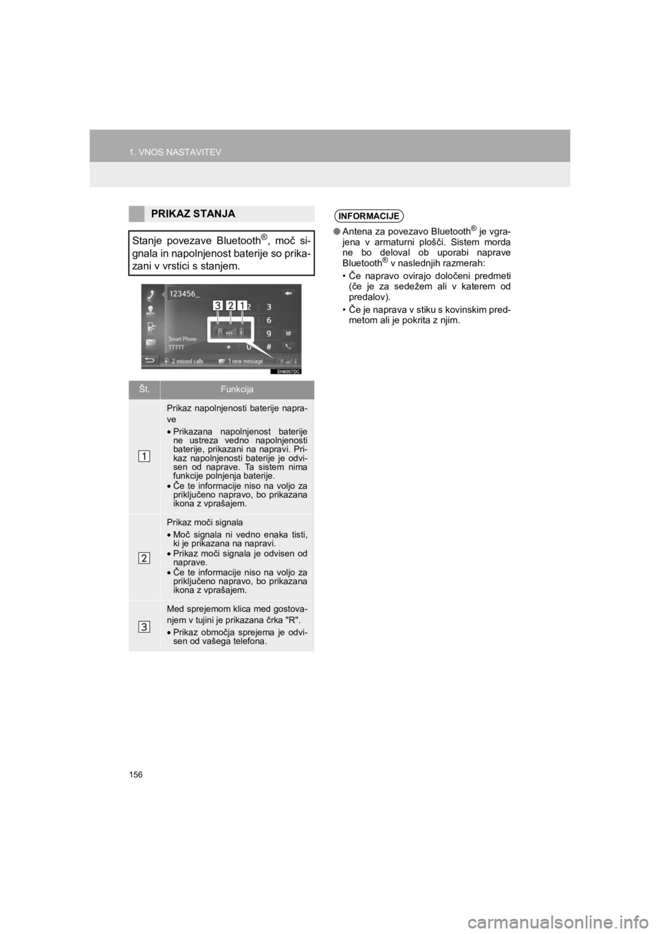 TOYOTA HILUX 2017  Manual de utilizare (in Romanian) 156
1. VNOS NASTAVITEV
HILUX_TOYOTA FORTUNER_Navi+MM_OM0K314E_(EE)
16.06.07     13:33
PRIKAZ STANJA
Stanje povezave Bluetooth
®, moč si-
gnala in napolnjenost baterije so prika-
zani v vrstici s sta