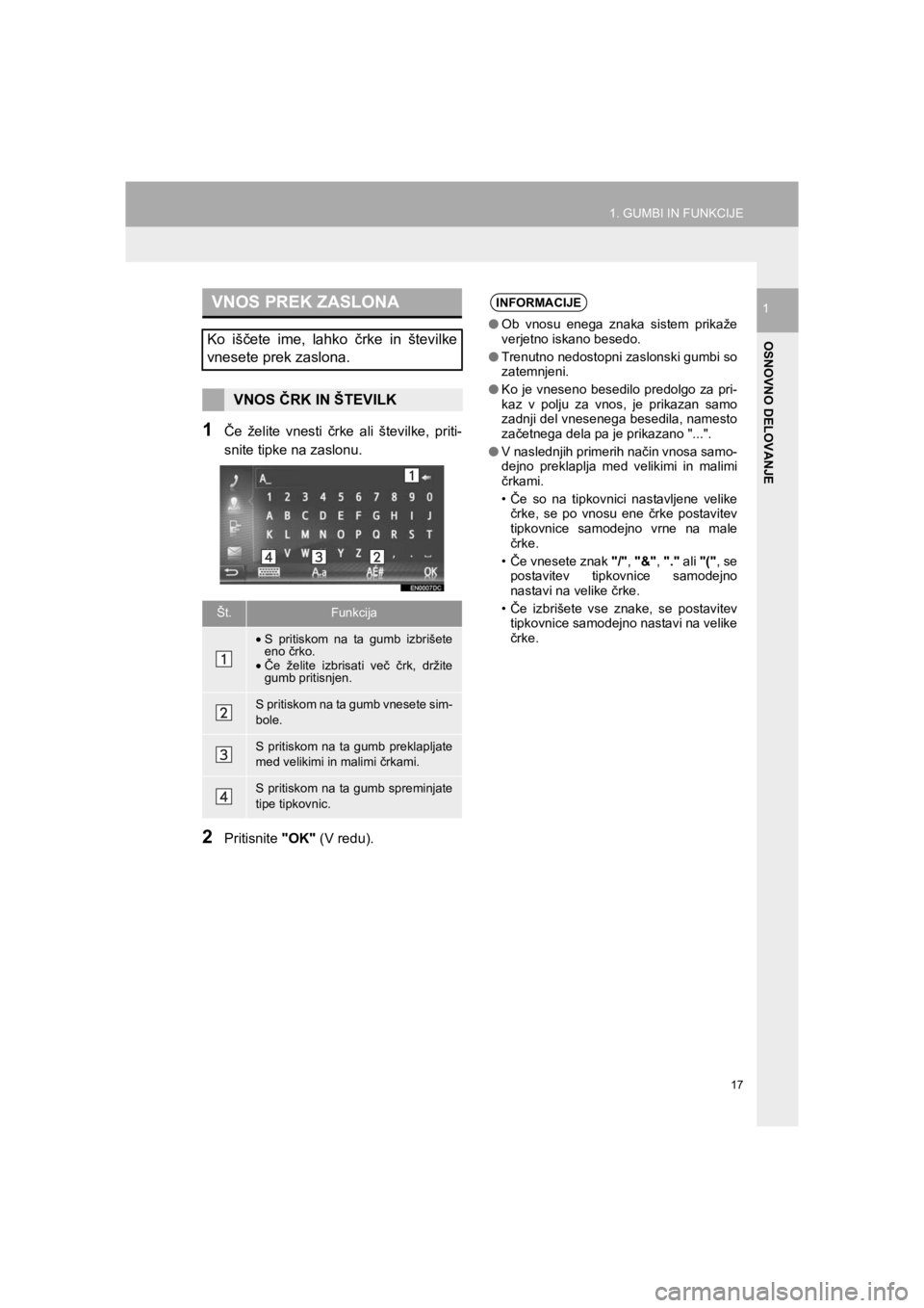 TOYOTA HILUX 2017  Manual de utilizare (in Romanian) 17
1. GUMBI IN FUNKCIJE
HILUX_TOYOTA FORTUNER_Navi+MM_OM0K314E_(EE)
16.06.07     13:33
OSNOVNO DELOVANJE
1
1Če želite vnesti črke ali številke, priti-
snite tipke na zaslonu.
2Pritisnite "OK" (V r