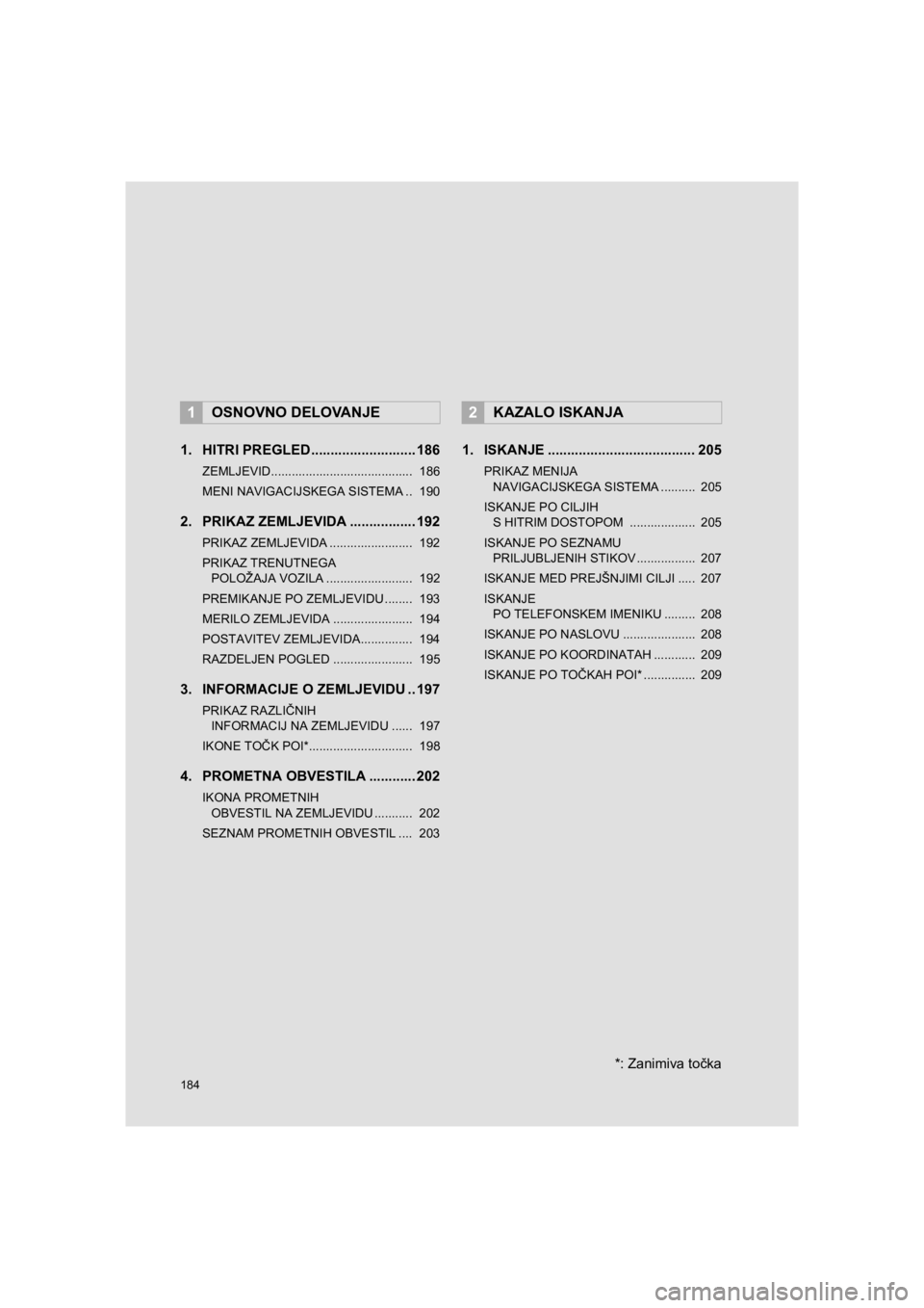 TOYOTA HILUX 2017  Manual de utilizare (in Romanian) 184
HILUX_TOYOTA FORTUNER_Navi+MM_OM0K314E_(EE)
16.06.06     00:34
1. HITRI PREGLED ........................... 186
ZEMLJEVID.........................................  186
MENI NAVIGACIJSKEGA SISTEMA 