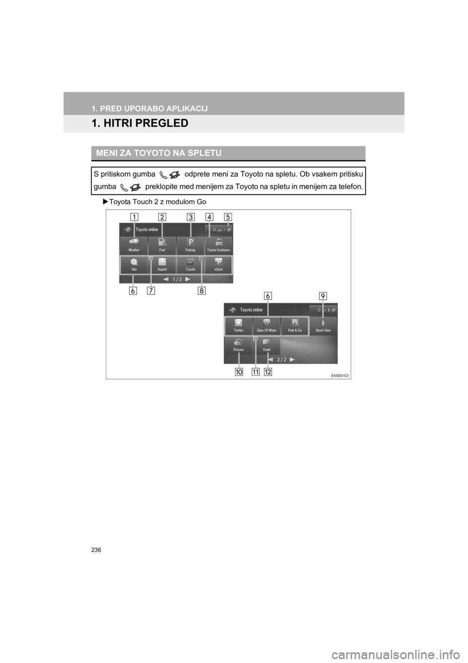 TOYOTA HILUX 2017  Manual de utilizare (in Romanian) 236
HILUX_TOYOTA FORTUNER_Navi+MM_OM0K314E_(EE)
16.06.07     13:33
1. PRED UPORABO APLIKACIJ
1. HITRI PREGLED
�XToyota Touch 2 z modulom Go
MENI ZA TOYOTO NA SPLETU
S pritiskom gumba   odprete meni za