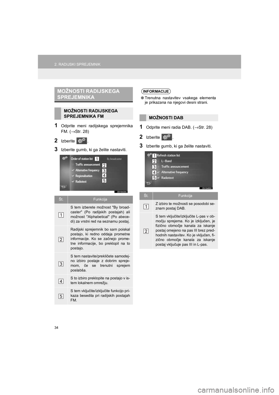 TOYOTA HILUX 2017  Manual de utilizare (in Romanian) 34
2. RADIJSKI SPREJEMNIK
HILUX_TOYOTA FORTUNER_Navi+MM_OM0K314E_(EE)
16.06.07     13:33
1Odprite meni radijskega sprejemnika
FM. (→Str. 28)
2Izberite .
3Izberite gumb, ki ga želite nastaviti.
1Odp