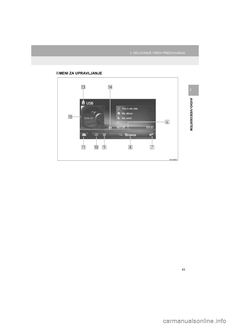 TOYOTA HILUX 2017  Manual de utilizare (in Romanian) 43
3. DELOVANJE VIROV PREDVAJANJA
HILUX_TOYOTA FORTUNER_Navi+MM_OM0K314E_(EE)
16.06.07     13:33
AVDIO-/VIDEOSISTEM
2
■MENI ZA UPRAVLJANJE 